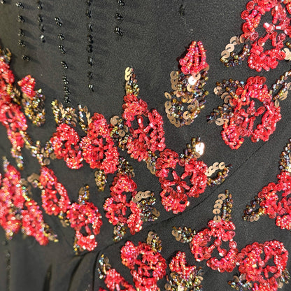 Vintage 1990s SUE WONG Slip Dress, Black silk red beaded high low sheath gown