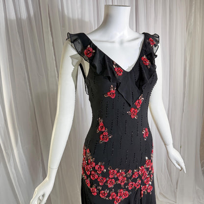 Vintage 1990s SUE WONG Slip Dress, Black silk red beaded high low sheath gown