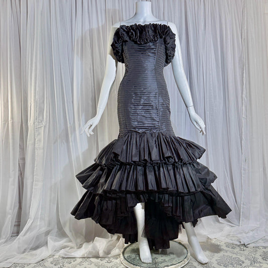 vintage 1980s evening dress gown, VICTOR COSTA Black Mermaid high low gown