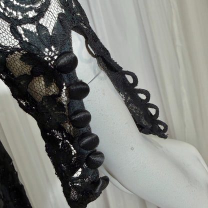 vintage 1930s evening dress, MITCHELL'S Better Dresses, totally sheer floral black lace gown