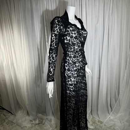 vintage 1930s evening dress, MITCHELL'S Better Dresses, totally sheer floral black lace gown