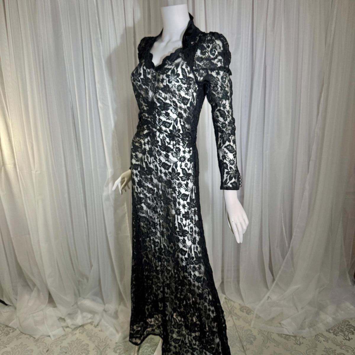 vintage 1930s evening dress, MITCHELL'S Better Dresses, totally sheer floral black lace gown
