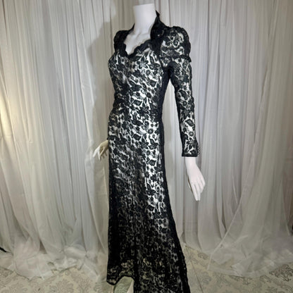 vintage 1930s evening dress, MITCHELL'S Better Dresses, totally sheer floral black lace gown
