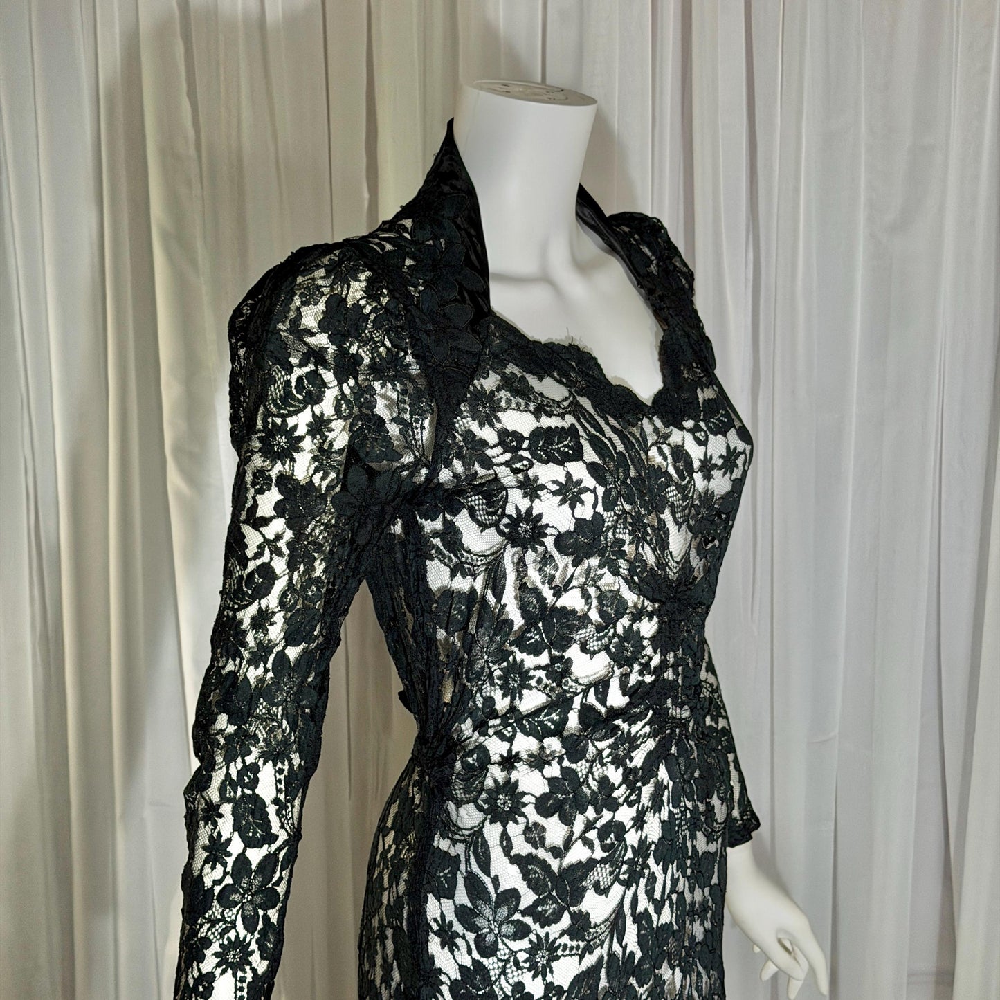 vintage 1930s evening dress, MITCHELL'S Better Dresses, totally sheer floral black lace gown