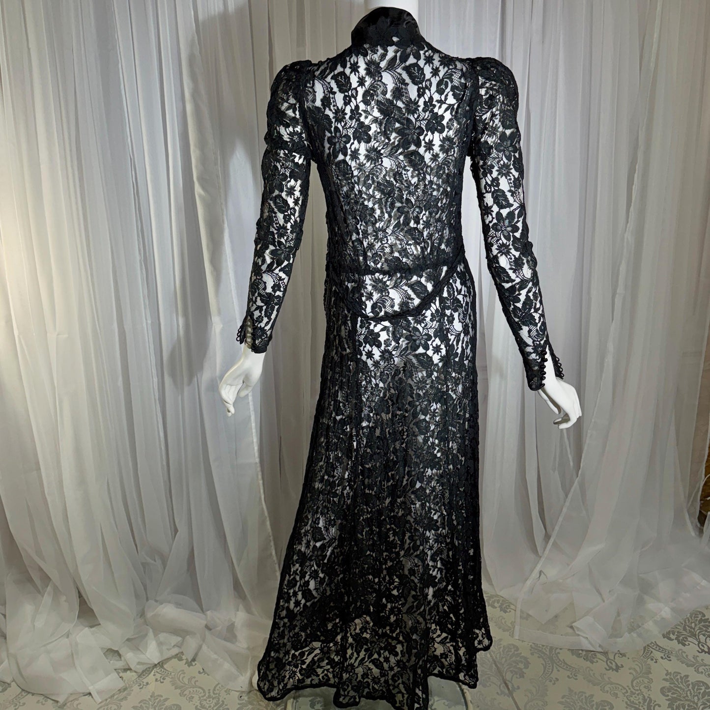 vintage 1930s evening dress, MITCHELL'S Better Dresses, totally sheer floral black lace gown