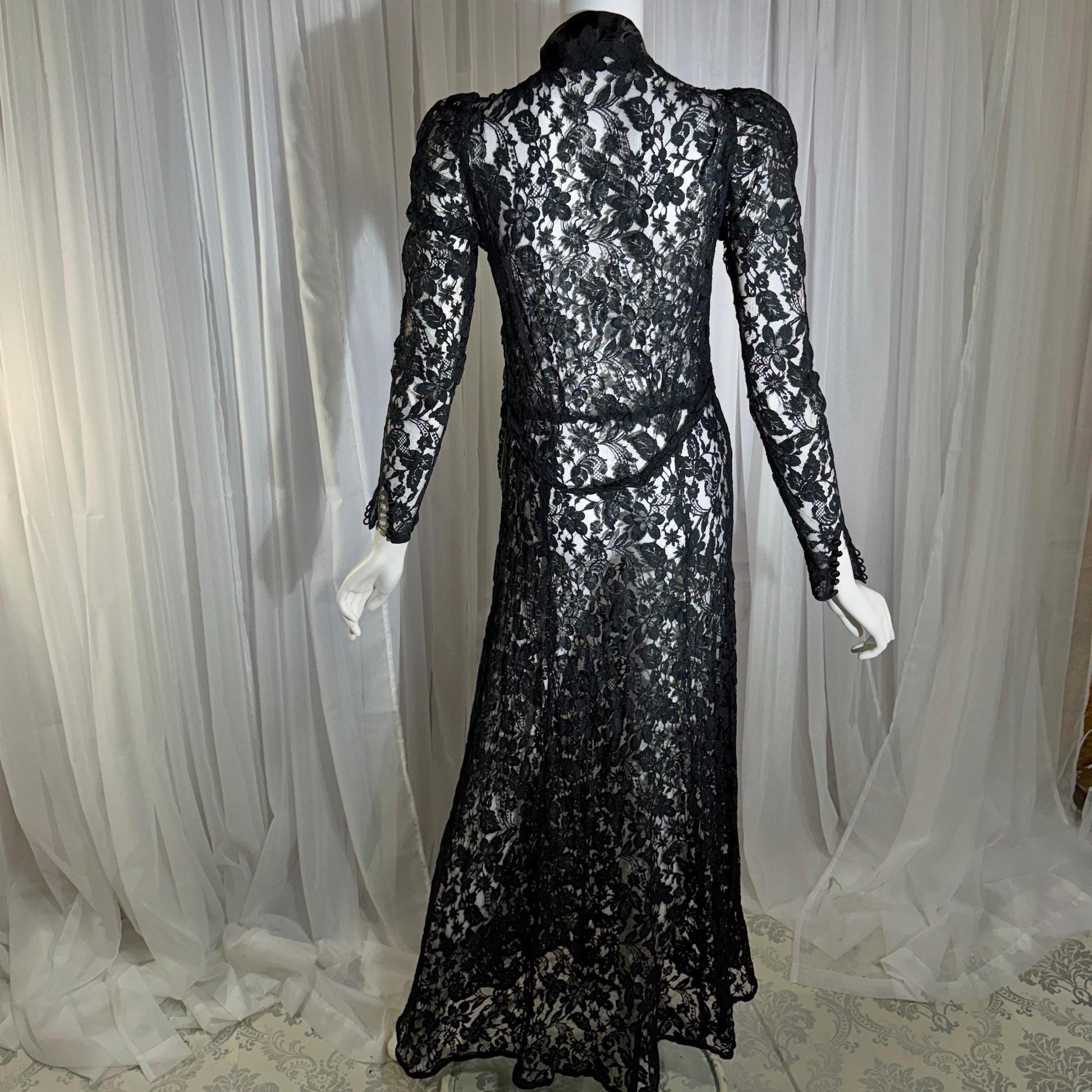 vintage 1930s evening dress, MITCHELL'S Better Dresses, totally sheer floral black lace gown