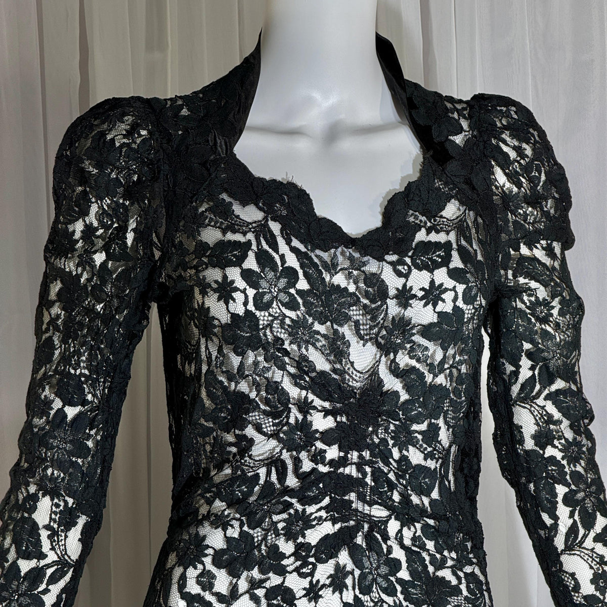 vintage 1930s evening dress, MITCHELL'S Better Dresses, totally sheer floral black lace gown