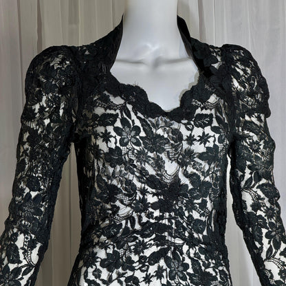 vintage 1930s evening dress, MITCHELL'S Better Dresses, totally sheer floral black lace gown