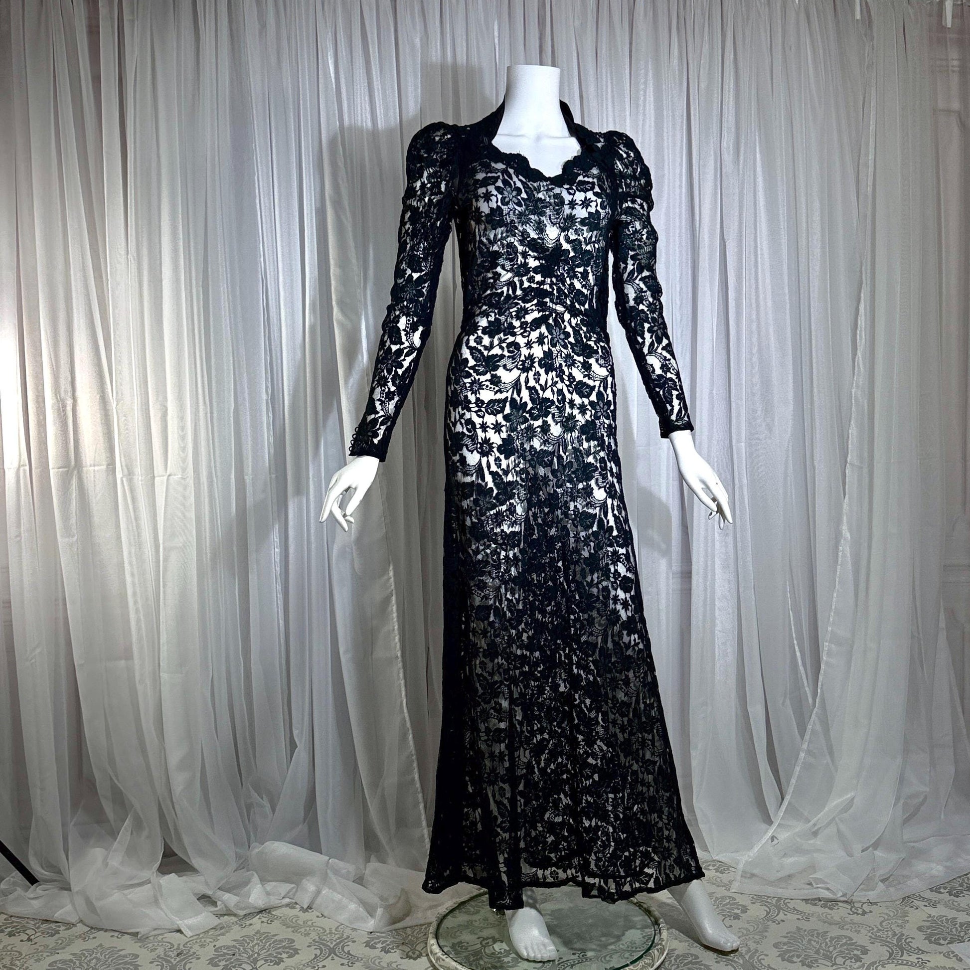 vintage 1930s evening dress, MITCHELL'S Better Dresses, totally sheer floral black lace gown