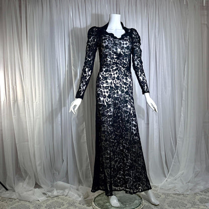 vintage 1930s evening dress, MITCHELL'S Better Dresses, totally sheer floral black lace gown