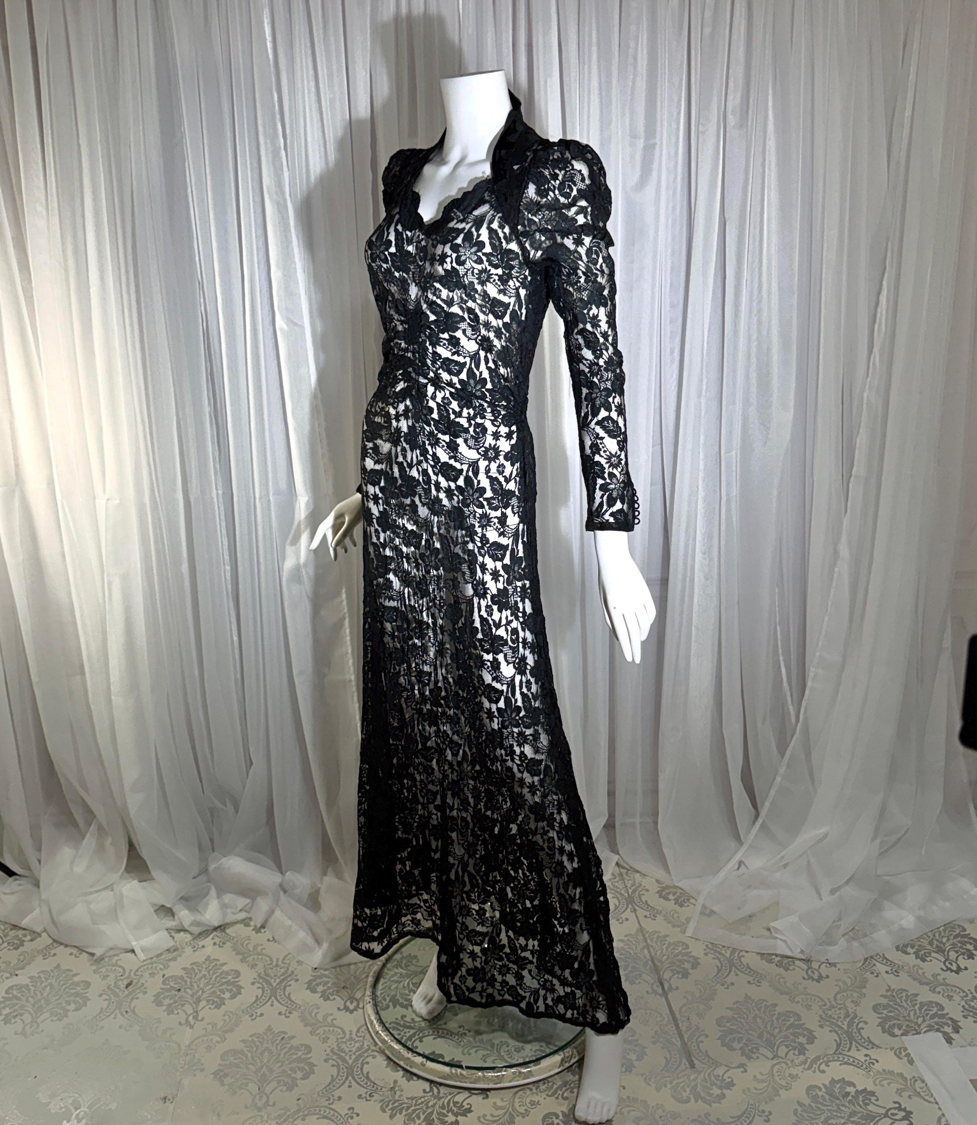 vintage 1930s evening dress, MITCHELL'S Better Dresses, totally sheer floral black lace gown