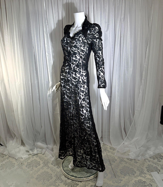 vintage 1930s evening dress, MITCHELL'S Better Dresses, totally sheer floral black lace gown