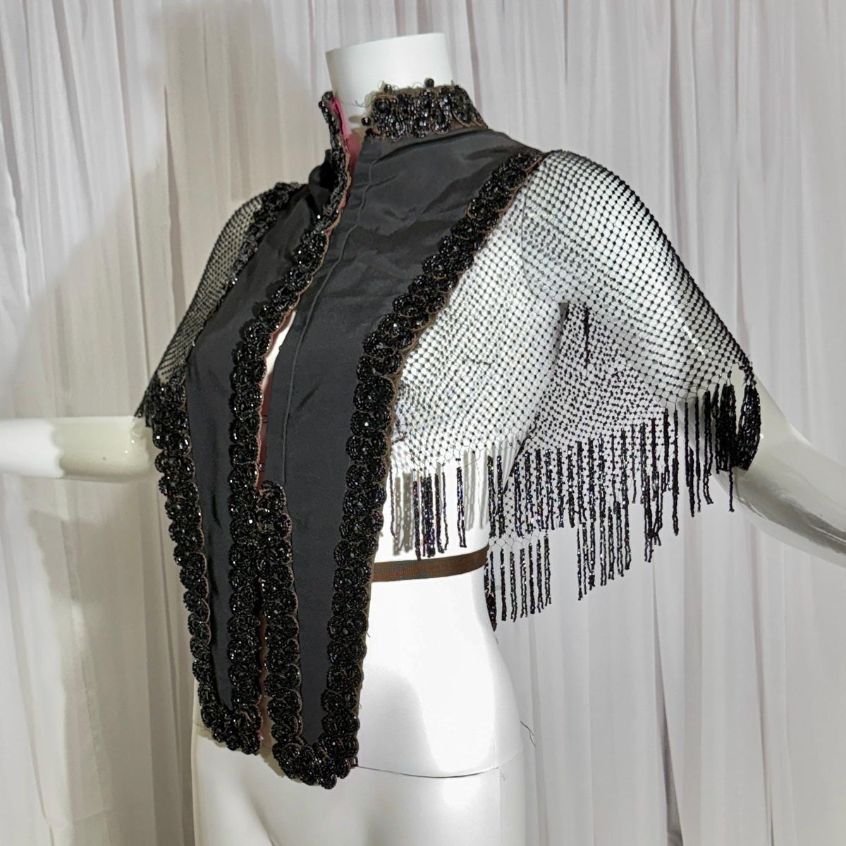 Antique Victorian Mantelet, 1800s Black Beaded Fringed capelet, shawl, wrap with lappets