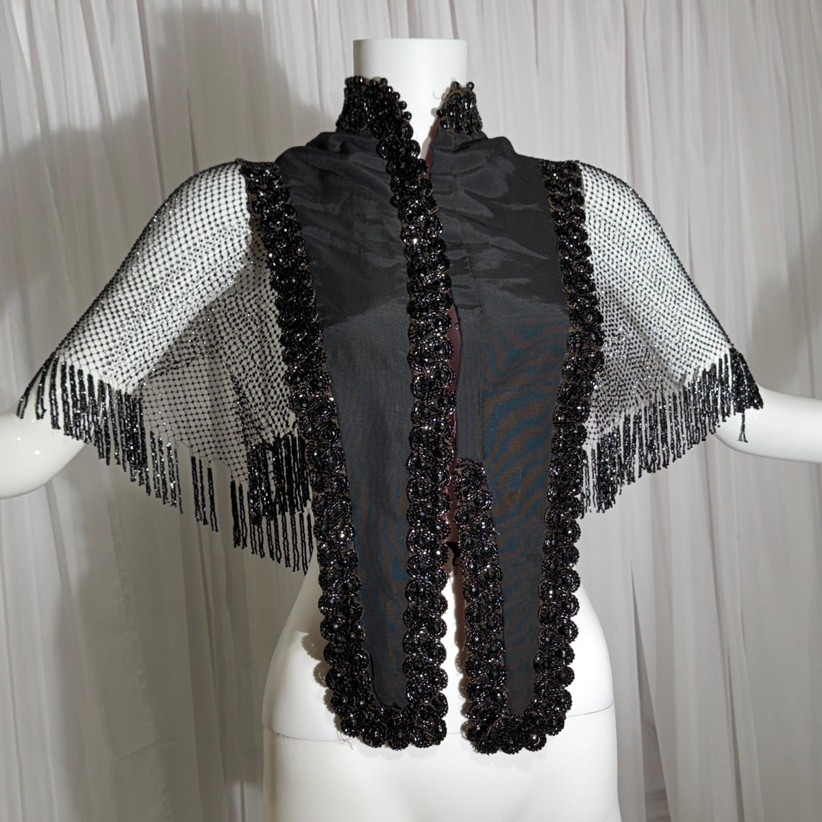 Antique Victorian Mantelet, 1800s Black Beaded Fringed capelet, shawl, wrap with lappets