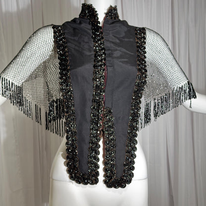 Antique Victorian Mantelet, 1800s Black Beaded Fringed capelet, shawl, wrap with lappets