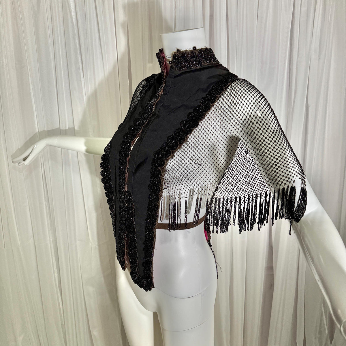 Antique Victorian Mantelet, 1800s Black Beaded Fringed capelet, shawl, wrap with lappets