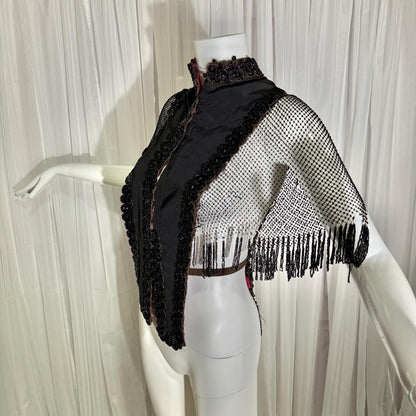 Antique Victorian Mantelet, 1800s Black Beaded Fringed capelet, shawl, wrap with lappets