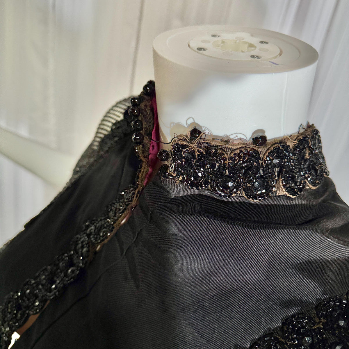 Antique Victorian Mantelet, 1800s Black Beaded Fringed capelet, shawl, wrap with lappets