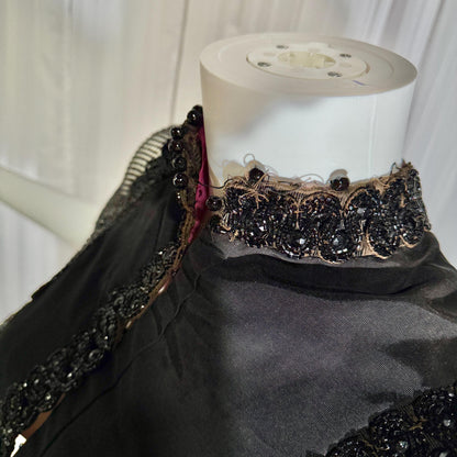 Antique Victorian Mantelet, 1800s Black Beaded Fringed capelet, shawl, wrap with lappets