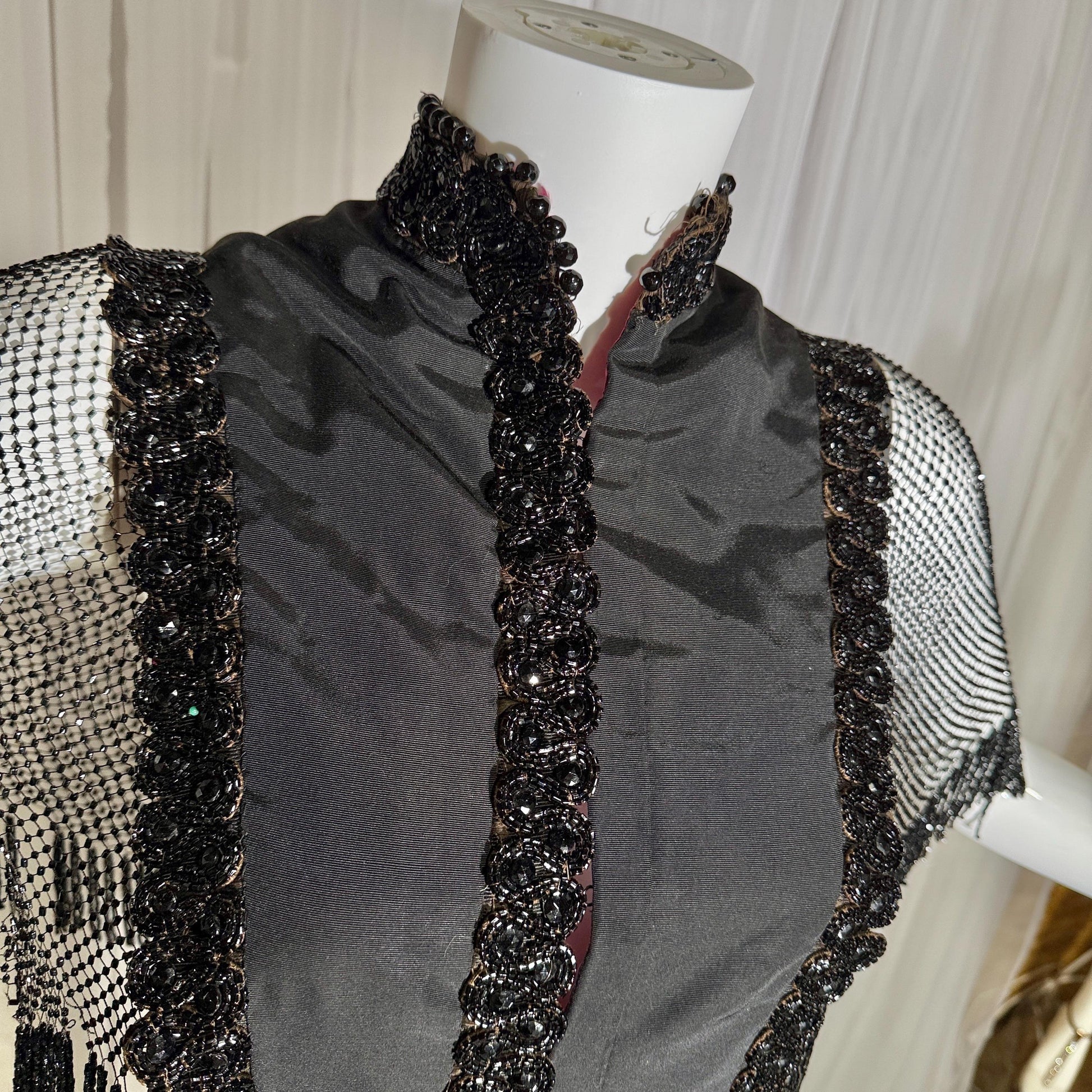 Antique Victorian Mantelet, 1800s Black Beaded Fringed capelet, shawl, wrap with lappets