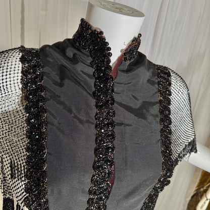 Antique Victorian Mantelet, 1800s Black Beaded Fringed capelet, shawl, wrap with lappets