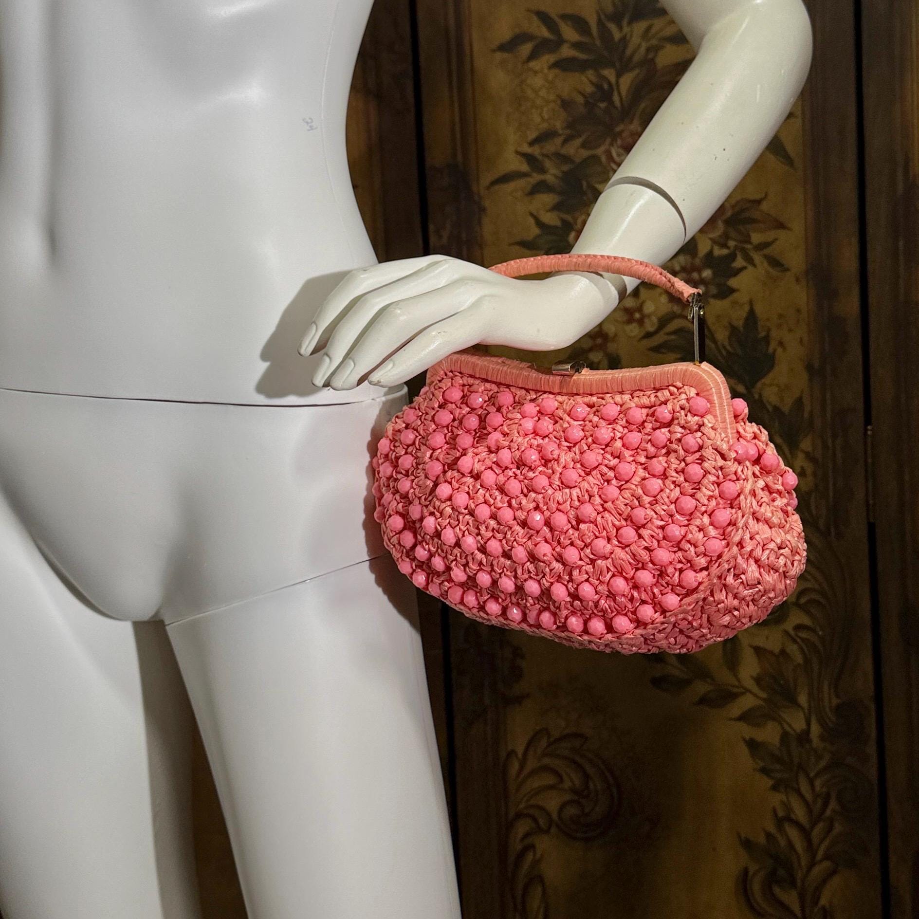 vintage 1960s Beaded Handbag purse, MARCUS Bros. Miami Pink Candy Bead and Rafia top handle frame bag