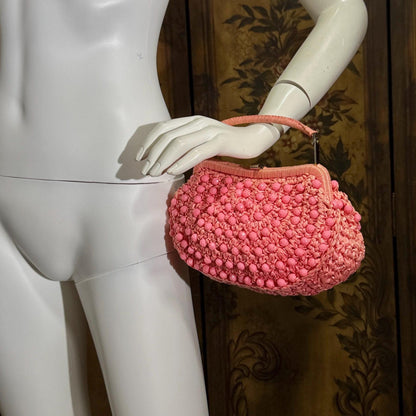 vintage 1960s Beaded Handbag purse, MARCUS Bros. Miami Pink Candy Bead and Rafia top handle frame bag