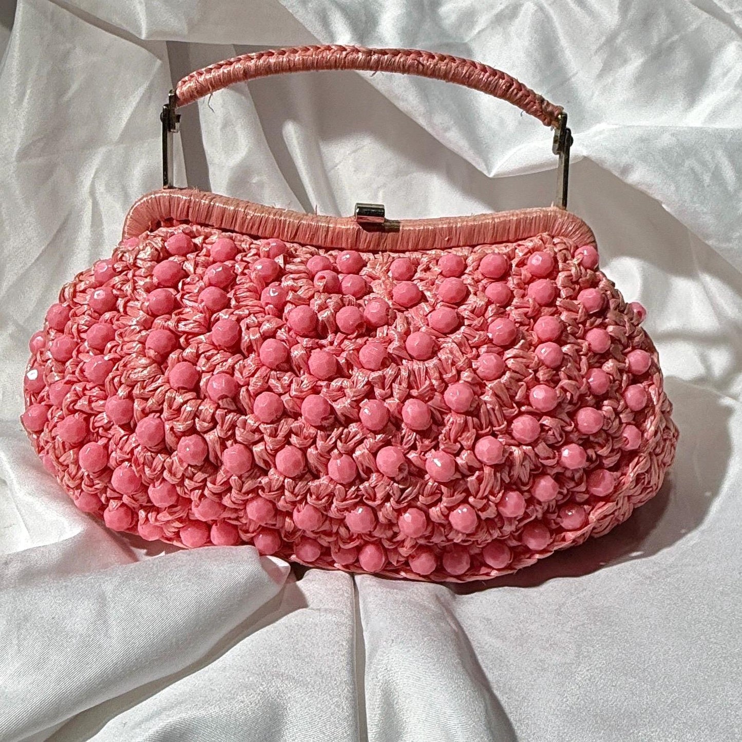 vintage 1960s Beaded Handbag purse, MARCUS Bros. Miami Pink Candy Bead and Rafia top handle frame bag