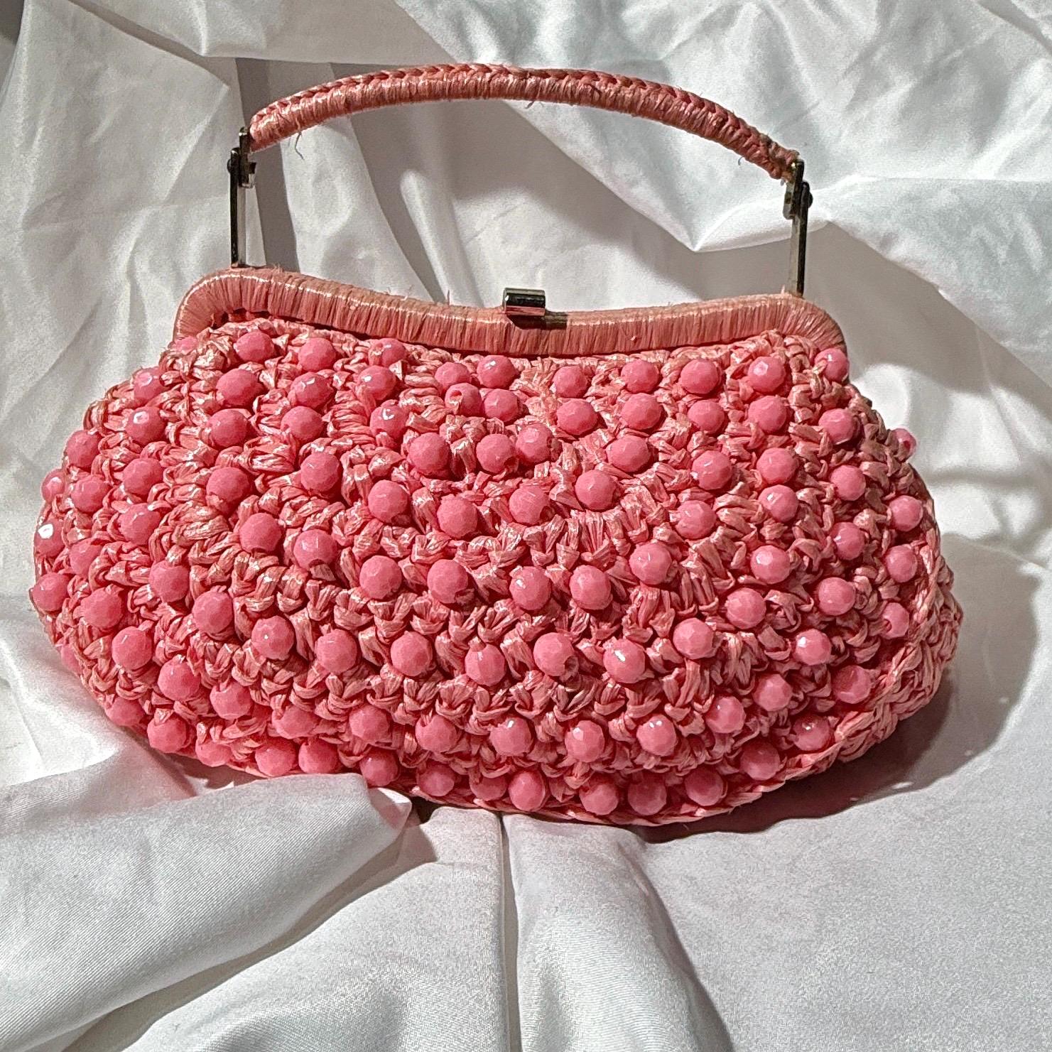 vintage 1960s Beaded Handbag purse, MARCUS Bros. Miami Pink Candy Bead and Rafia top handle frame bag