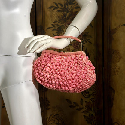 vintage 1960s Beaded Handbag purse, MARCUS Bros. Miami Pink Candy Bead and Rafia top handle frame bag