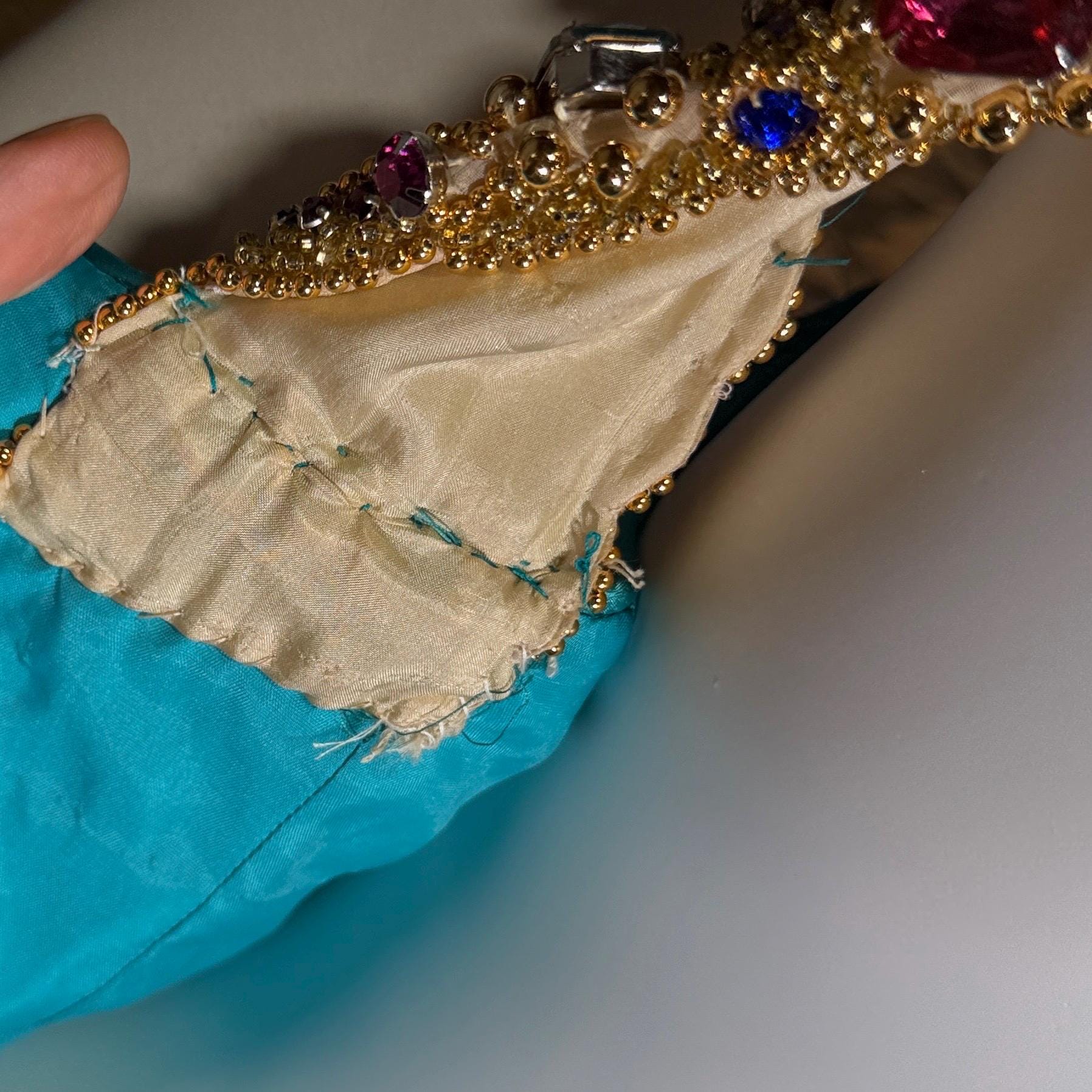vintage MARY MCFADDEN COUTURE evening gown, 1980s turquoise blue beaded gown