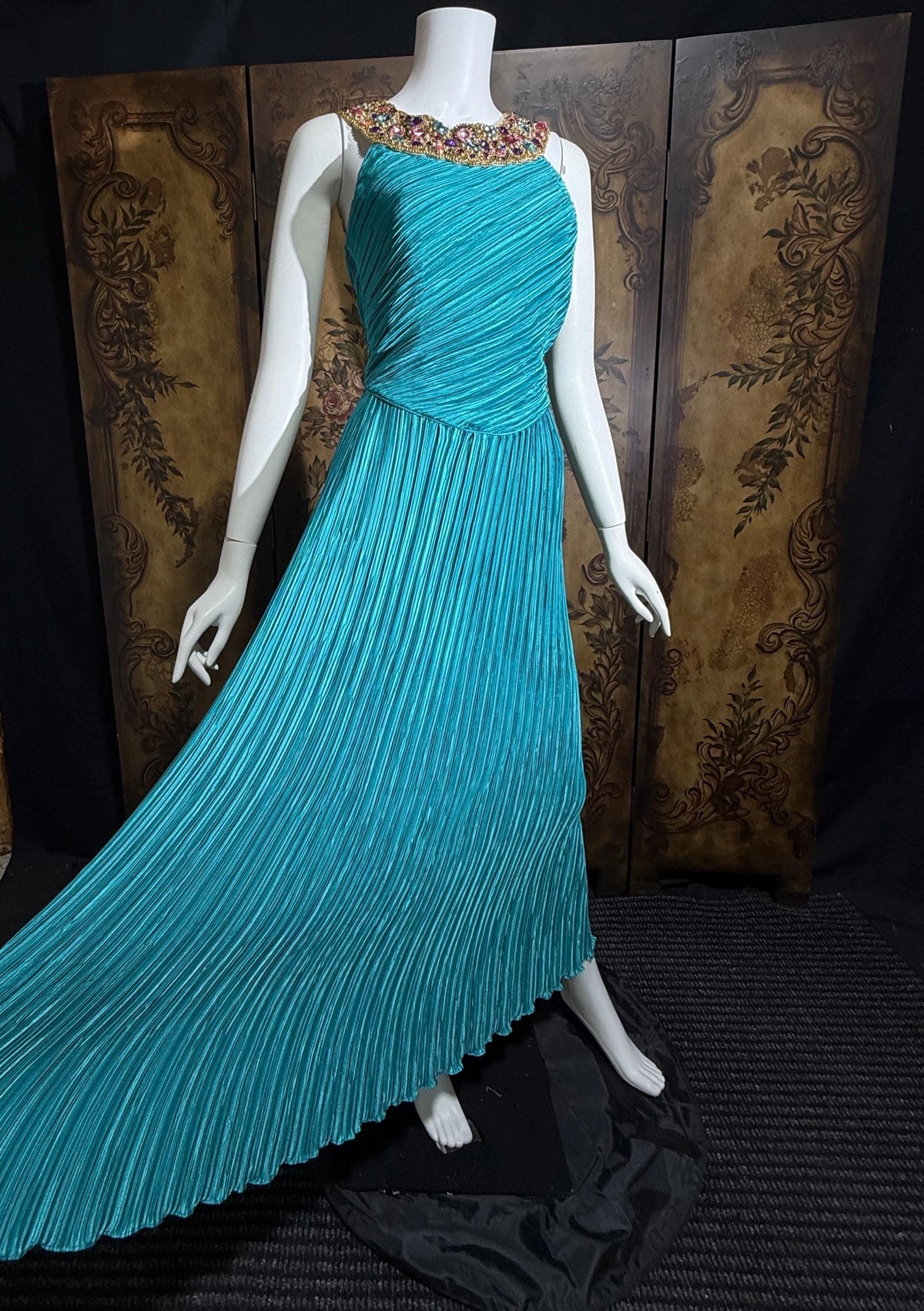 vintage MARY MCFADDEN COUTURE evening gown, 1980s turquoise blue beaded gown