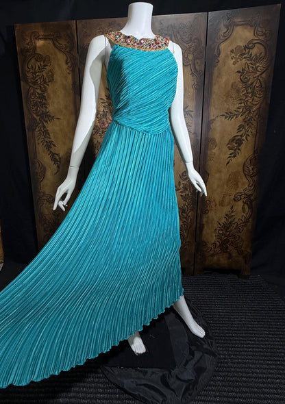 vintage MARY MCFADDEN COUTURE evening gown, 1980s turquoise blue beaded gown