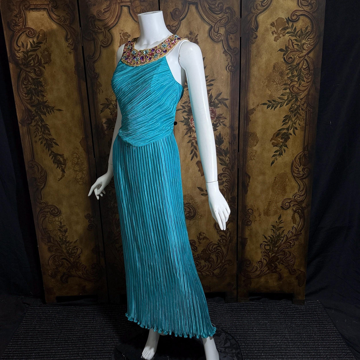 vintage MARY MCFADDEN COUTURE evening gown, 1980s turquoise blue beaded gown