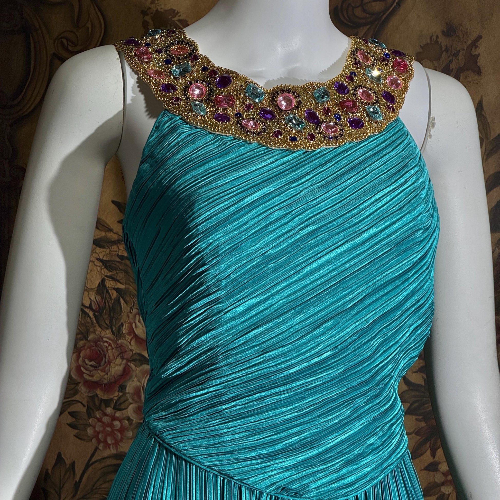 vintage MARY MCFADDEN COUTURE evening gown, 1980s turquoise blue beaded gown