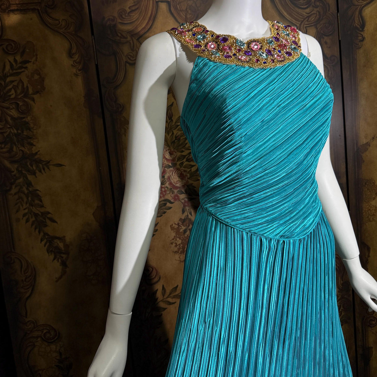 vintage MARY MCFADDEN COUTURE evening gown, 1980s turquoise blue beaded gown