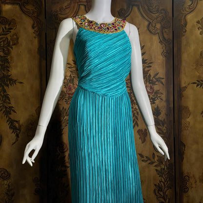 vintage MARY MCFADDEN COUTURE evening gown, 1980s turquoise blue beaded gown