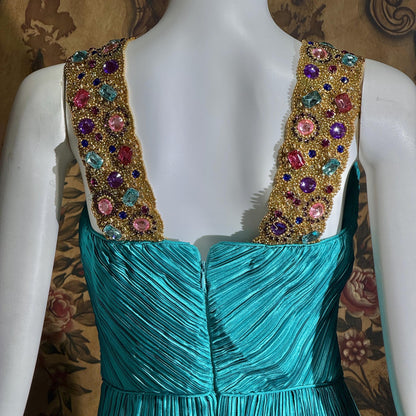 vintage MARY MCFADDEN COUTURE evening gown, 1980s turquoise blue beaded gown