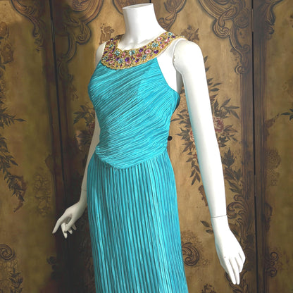 vintage MARY MCFADDEN COUTURE evening gown, 1980s turquoise blue beaded gown