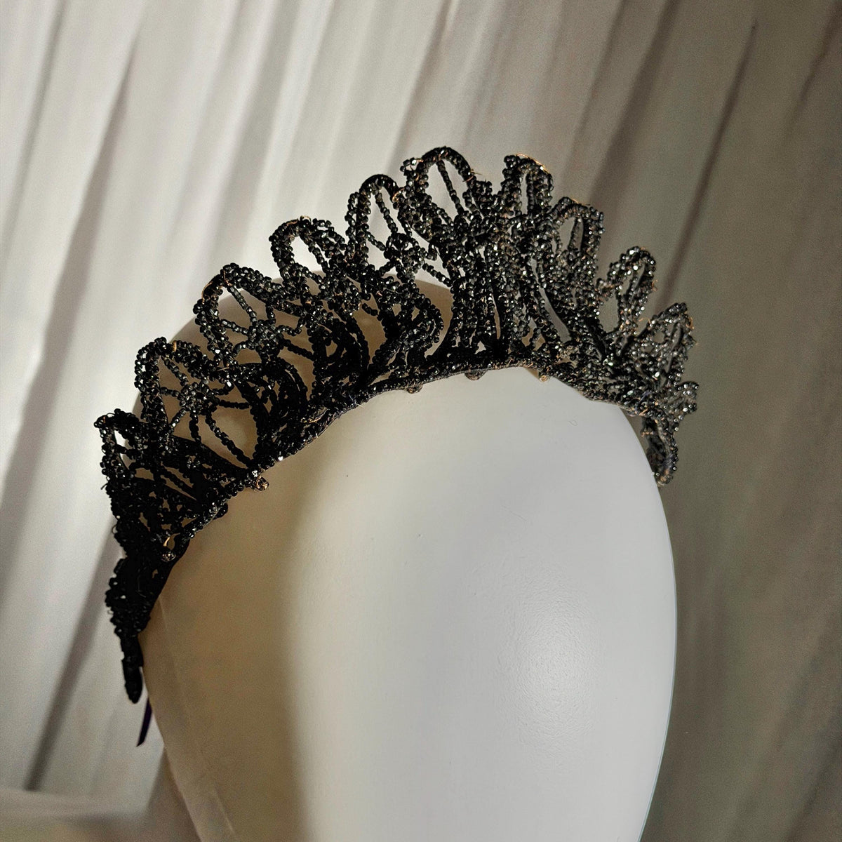 Antique Victorian jet crown, Mourning tiara wired stiff black jet beads 1800s downton abbey