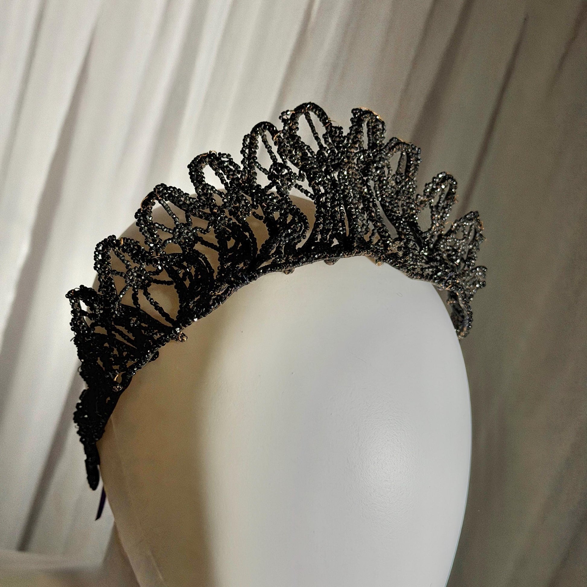Antique Victorian jet crown, Mourning tiara wired stiff black jet beads 1800s downton abbey