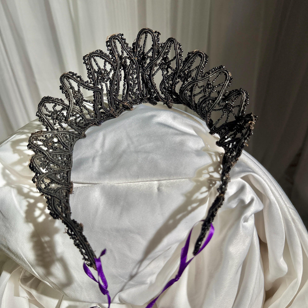 Antique Victorian jet crown, Mourning tiara wired stiff black jet beads 1800s downton abbey
