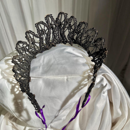 Antique Victorian jet crown, Mourning tiara wired stiff black jet beads 1800s downton abbey