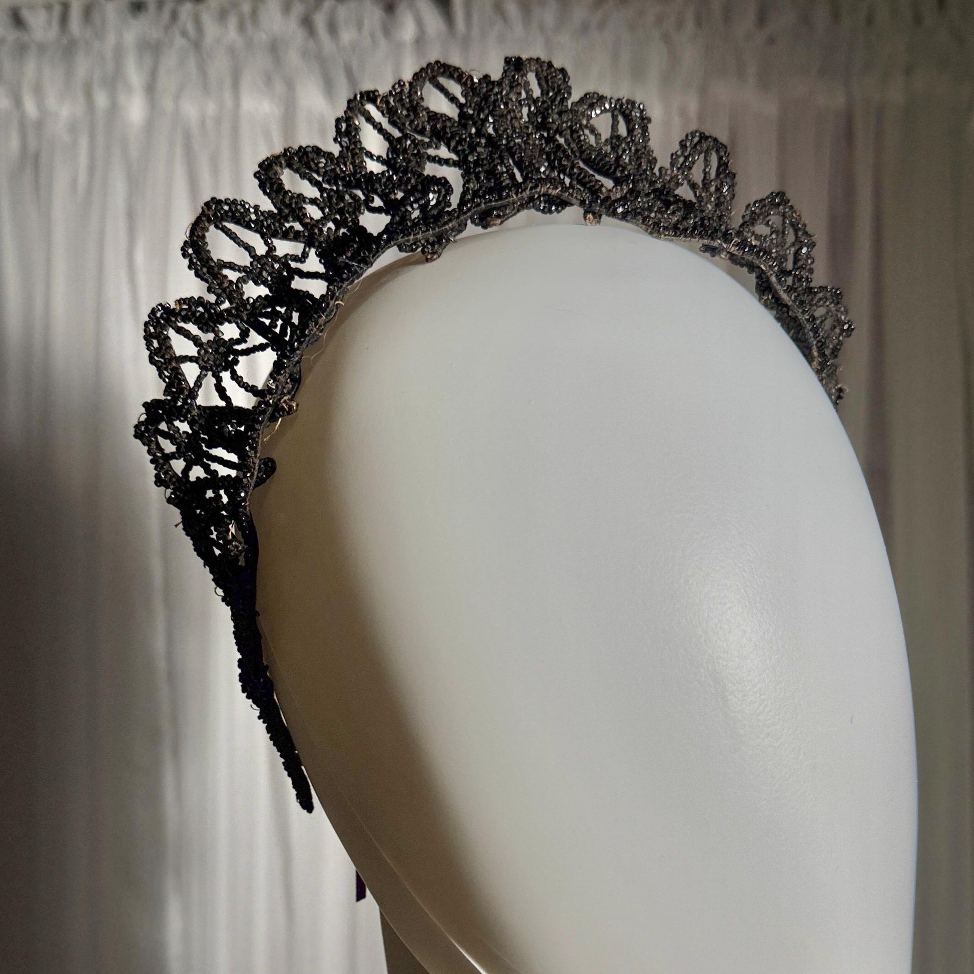 Antique Victorian jet crown, Mourning tiara wired stiff black jet beads 1800s downton abbey