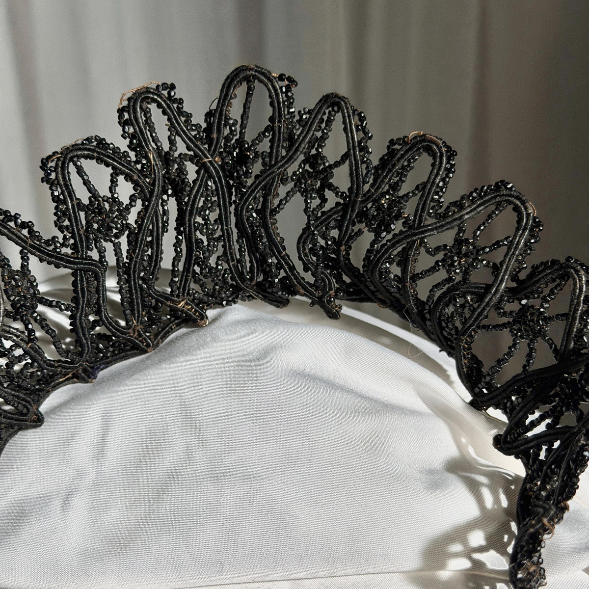 Antique Victorian jet crown, Mourning tiara wired stiff black jet beads 1800s downton abbey