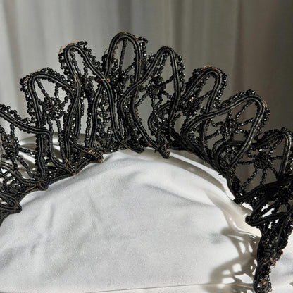 Antique Victorian jet crown, Mourning tiara wired stiff black jet beads 1800s downton abbey