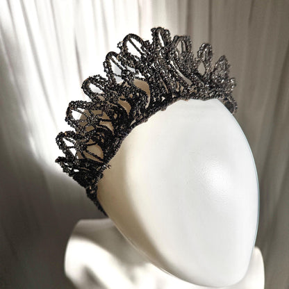 Antique Victorian jet crown, Mourning tiara wired stiff black jet beads 1800s downton abbey