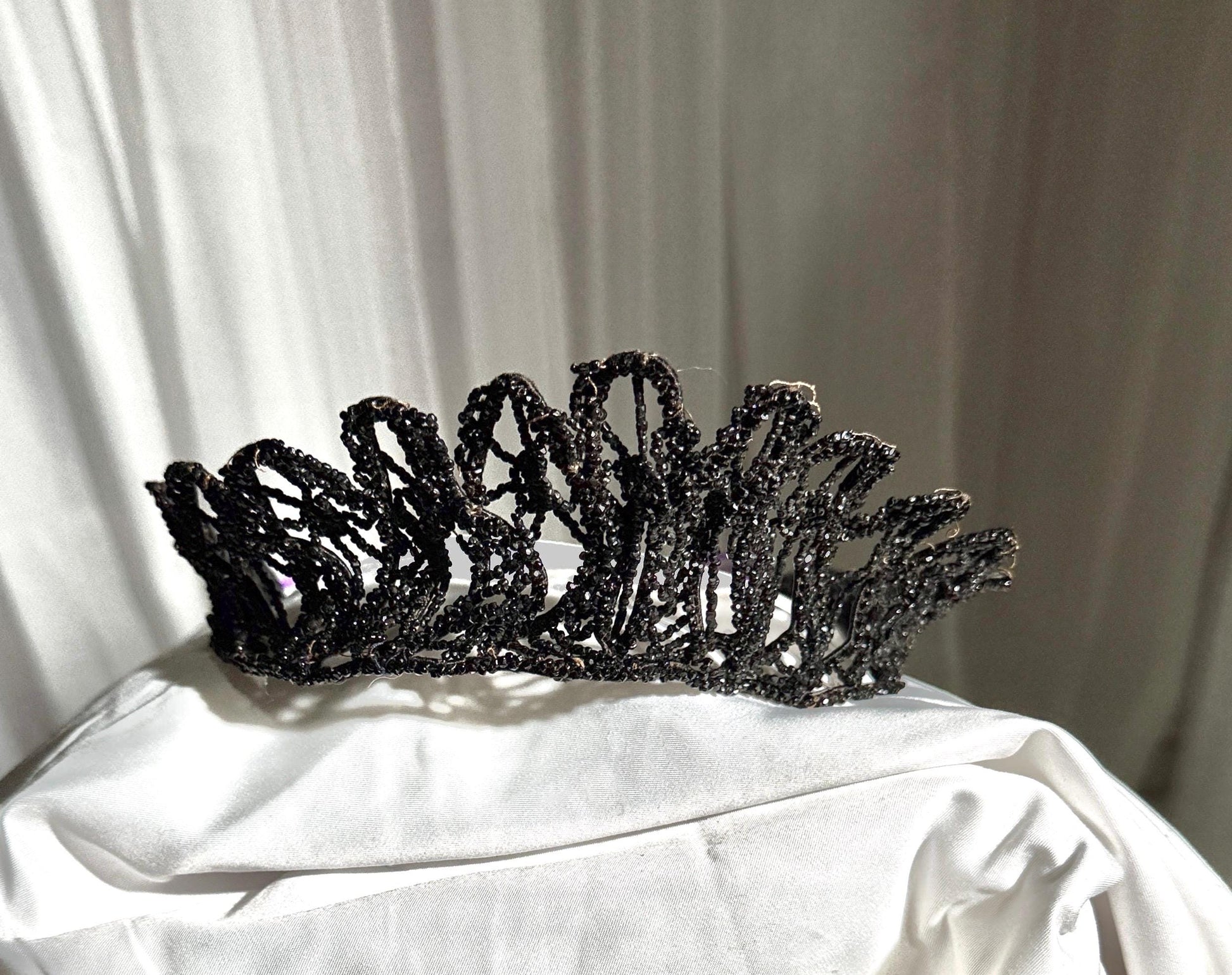 Antique Victorian jet crown, Mourning tiara wired stiff black jet beads 1800s downton abbey