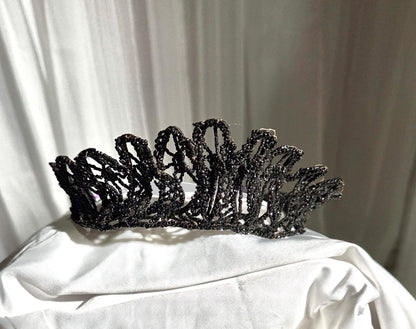 Antique Victorian jet crown, Mourning tiara wired stiff black jet beads 1800s downton abbey