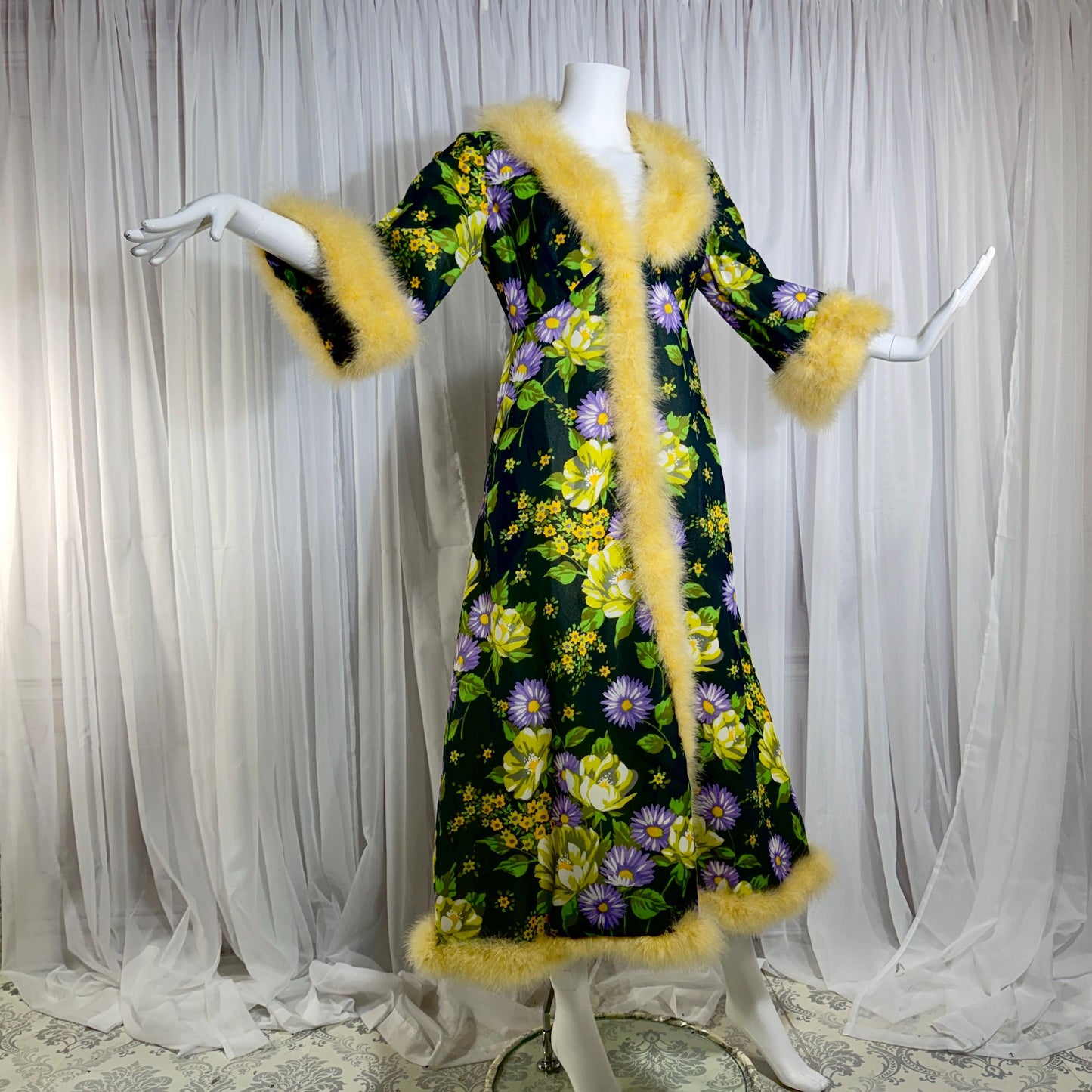 vintage dressing gown robe, POGINA 1970s Floral Nylon Housecoat with feather trim